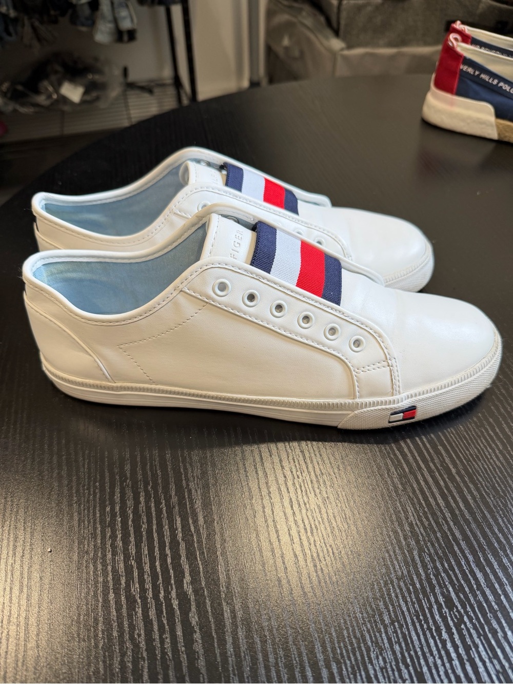Tommy Hilfiger White Leather Slip-On Sneakers with Red & Navy Stripe